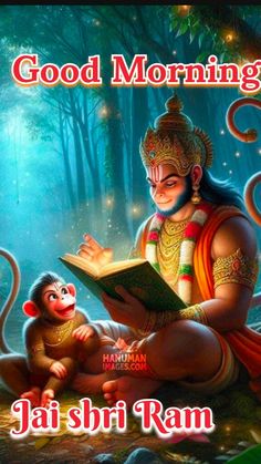 lord rama reading to his monkey in the forest with good morning message on it's side