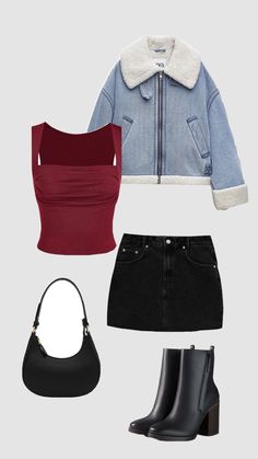 four pieces of clothing including a denim jacket, black skirt and ankle - high boots