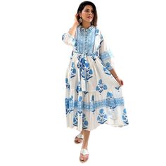 This sophisticated Mughal Print Dress is the perfect wardrobe staple. Crafted from lightweight block print cotton, it features a belted waist, button detail, and tiered skirt for an understated elegance. It is complete with pockets, of course. Effortlessly stylish, this dress can be dressed up or down for any occasion. Exchange Only: Item eligible for size exchange or return for store credit only. Blue White Dress, Blue And White Dress, Perfect Wardrobe, Border Print, Feel Pretty, Understated Elegance, Tiered Skirt, Button Detail, Medium Blue