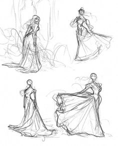 three sketches of dresses in different positions and sizes, with one woman wearing a long dress