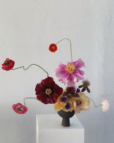 a vase filled with flowers sitting on top of a white table next to a wall