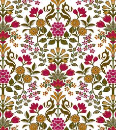 a white background with red flowers and green leaves on the bottom right hand corner is an orange, pink, and brown floral design