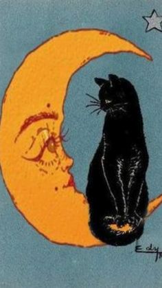 a black cat sitting on top of a yellow moon