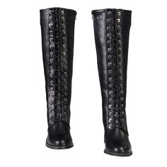 Milwaukee Leather MBL9442 Women's Black Lace-Up Tall Biker Fashion Boots with Platform Heel & Studs Features Made of Synthetic Leather Upper Tall Boots Anti-Slip Bottom Lace-Up with Inside Zipper for Easy on and off Wear Studded Outsole Milwaukee Signature Hardware Black Gothic Lace-up Boots In Faux Leather, Fall Black Lace-up Boots With Rivets, Fitted Black Punk Moto Boots, Fitted Black Gothic Moto Boots, Black Gothic Knee-high Winter Boots, Gothic Black Knee-high Winter Boots, Gothic Black Knee-high Boots For Fall, Fitted Knee-high Black Combat Boots, Black Fitted Knee-high Combat Boots