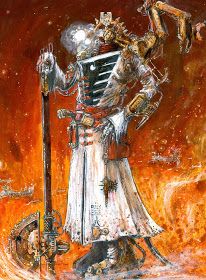 a painting of a man holding a giant metal object in his hand and standing on fire