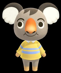 a cartoon koala wearing a yellow and blue striped shirt with big ears, standing in front of a white background