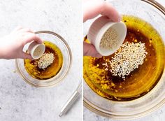 two images showing how to make sesame seeds in a blender and then being mixed with oil