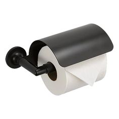 a black and white toilet paper holder with two rolls of toilet paper on the side