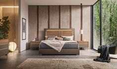 a bedroom with a large bed and lots of natural wood paneling on the walls