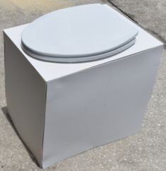 a white toilet sitting on top of a cement floor next to a sidewalk with no one around it