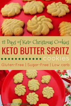 keto butter spritz cookies on a red plate