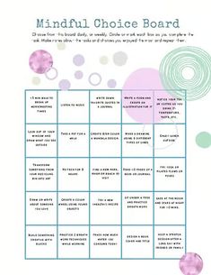 a printable mindful choice board with circles and dots on the front, in pastel blue