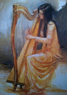 a painting of a woman playing a harp