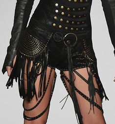 Gelareh Designs Studded Short Short Fitted Bottoms With Rivets For Night Out, Fitted Leather Shorts For Party, Fitted Edgy Leather Shorts, Edgy Fitted Leather Shorts, Luxury Bottoms For Night Out, Edgy Leather Shorts, Luxury Fitted Shorts, Fringe Skirt Outfit, Diy Ripped Jeans