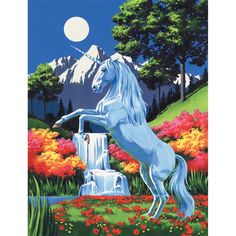 a white horse standing on its hind legs in front of a fountain with flowers and trees