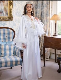 This beautiful and very elegant boudoir/bridal robe was made with a wonderful white Charmeuse silk fabric. Delicate dress for the perfect morning of the bride.  This long boudoir dress with wide sleeves is a great combination of uncompromising luxury and absolute comfort. The gown is perfect for the getting ready photoshoot and would definitely make your pictures special. You can also benefit from wearing it during your happy honeymoon mornings and creating special looks later. You can order it Getting Ready Photoshoot, Happy Honeymoon, Fancy Robes, Morning Outfit, Wedding Dressing, Beautiful Nightgown, Delicate Dress, Satin Dressing Gown, Robe Wedding