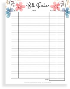 a bill tracker with flowers and leaves on the border, in pinks and blue