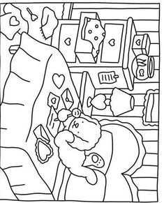 a coloring book page with a teddy bear and other items on the shelf in front of it