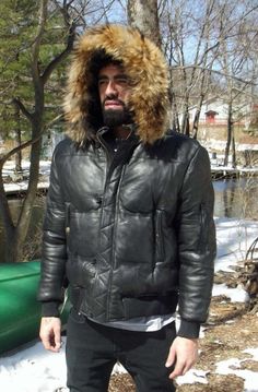 Picture of a model wearing our Black Leather Puffer Jacket Mens Black Leather Puffer Jacket, Mens Leather Jacket, Leather Puffer Jacket, Brown Puffer, Leather Puffer, Citizen Watch, Men's Leather Jacket, Jacket With Hood, Mens Hooded