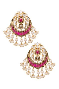 18kt gold plated 92.5 silver chandbalis with vellore polki, semi precious ruby and freshwater pearl embellishments. - Aza Fashions Luxury Ruby Chandbalis In Elegant Style, Luxury Ruby Meenakari Earrings, Luxury Ruby Chandbali Bridal Earrings, Luxury Ruby Jhumkas For Diwali, Polki Earrings Buttalu, Luxury Ruby Meenakari Jhumkas, Jaipur Jewelry Aurus, Luxury Ruby Earrings With Latkans, Luxury Ruby Latkans Earrings