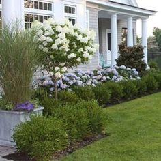 a white house with lots of flowers in the front yard