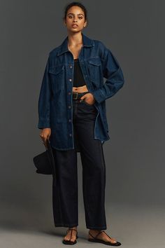 Denim, decoded: This fall, we’re digging denim in every corner of our closet. Complete your outfit with our favorite layering piece, the Tillie Relaxed Denim Shacket, featuring standout stitching, large chest pockets, and an at-ease look and feel. From holy-grail tees and perfectly fitted jeans to laidback dresses, PILCRO is on everyone’s most-wanted-wardrobe list. | The Tillie Relaxed Denim Shacket by Pilcro Jacket in Blue, Women's, Size: Medium, Cotton at Anthropologie Denim On Denim Women, Dress And Shacket Outfit, Styling A Denim Jacket, La Street Style 2024, Dark Denim Shirt Outfit Women, Denim Shacket Outfit Women, Denim Chore Jacket Outfit, Dark Jean Jacket Outfits, Long Jean Jacket Outfits