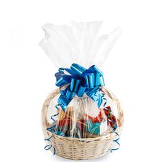 a basket filled with chocolates and wrapped in blue ribbon