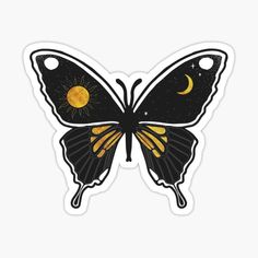 a black and yellow butterfly with the moon on it's wings