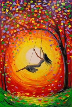 an acrylic painting of a girl swinging on a tree branch with the sun in the background