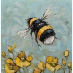 a painting of a bee flying over yellow flowers