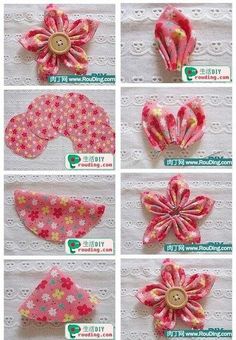 the instructions for how to make a flower hair clip with fabric and buttons on it