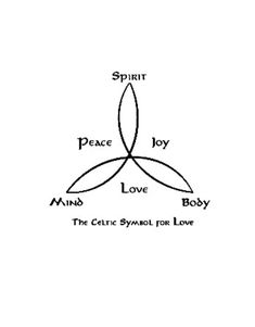 the celtic symbol for love is shown in black and white, with words that read spirit peace