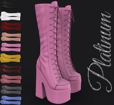 a pair of pink high heeled boots with laces on the side and different colors