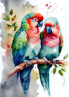 two parrots sitting on a branch with leaves and watercolor paint splatches