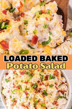 loaded baked potato salad in a white bowl