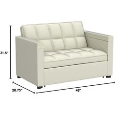 a white leather couch with measurements for the back and armrests on each side