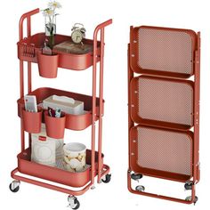 three tiered storage rack with baskets on wheels and flowers in vases next to each other