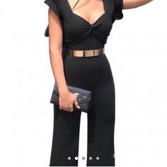 Black Ruffle Jumpsuit With Twist Detail. Brand New With Tags. Gold Belt Not Included. Material: Polyester And Spandex Flat Measurements For Small Length: 58” Chest: 14” Waist: 13” Hips: 16” Medium Length: 58” Chest: 15” Waist: 13” Hips: 17.5” Large Length: 63.5” Chest: 16” Waist: 15.5” Hips: 19.5” Extra Large Length: 63” Chest: 16.5” Waist: 16” Hips: 21.5”Ew Tropical Romper, Embellished Jumpsuit, Black Romper Shorts, Green Jumpers, Ruffle Jumpsuit, Boho Romper, Halter Jumpsuit, Gold Belt, Red Maxi