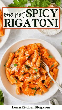 one pot spicy rigatoni in a white bowl with parsley on the side