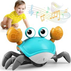 a baby playing with a toy crab on top of it's back and music notes in the background