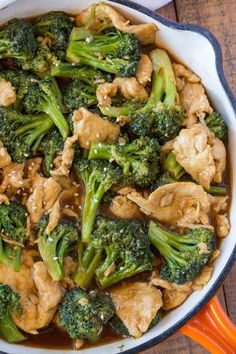 chicken and broccoli stir fry in a skillet