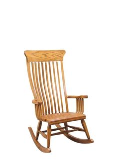 a wooden rocking chair on a white background with no one in the photo to describe