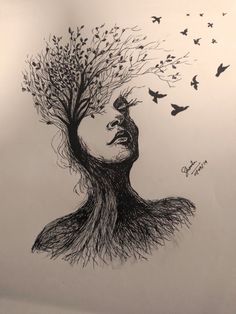 a drawing of a woman's face and tree with birds flying around her head