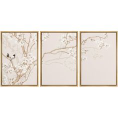 three framed art pieces with birds and flowers on the branches in beige, white and gold