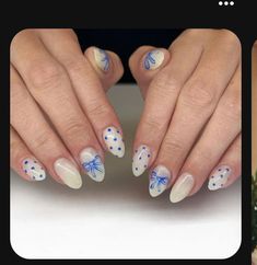 Blue Nails With White Polka Dots, Blue Nails Acrylic Design Art Ideas, Boston Nails Designs, Cute Nail Designs For Really Short Nails, New Trendy Nail Designs, Bow And Polka Dot Nails, Creative Nail Art Ideas, Milky White Nails With Blue Design, Kawaii White Nails