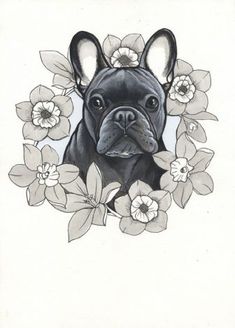 a black and white drawing of a dog surrounded by flowers