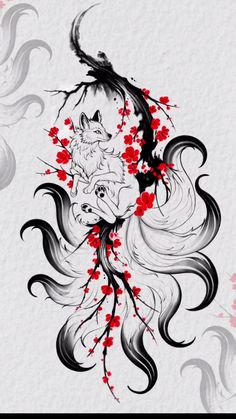 an image of a woman with flowers on her head and wolf tattoo design in the background