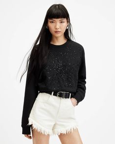 Shatter Separo Embellished Sweatshirt Black | ALLSAINTS US Allsaints Cotton Tops For Fall, Allsaints Long Sleeve Tops For Spring, Cropped Sequin Top For Fall, Sequined Cropped Top For Fall, Allsaints Relaxed Fit Long Sleeve Tops, Allsaints Long Sleeve Relaxed Fit Tops, Allsaints Cotton Long Sleeve Tops, Allsaints Long Sleeve Cotton Tops, Embellished Casual Sweatshirt For Fall