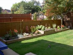 a backyard garden with lots of plants and flowers in the grass, along with a wooden fence