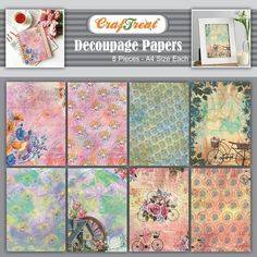 an assortment of papers with flowers and bicycles on them, all in pastel colors